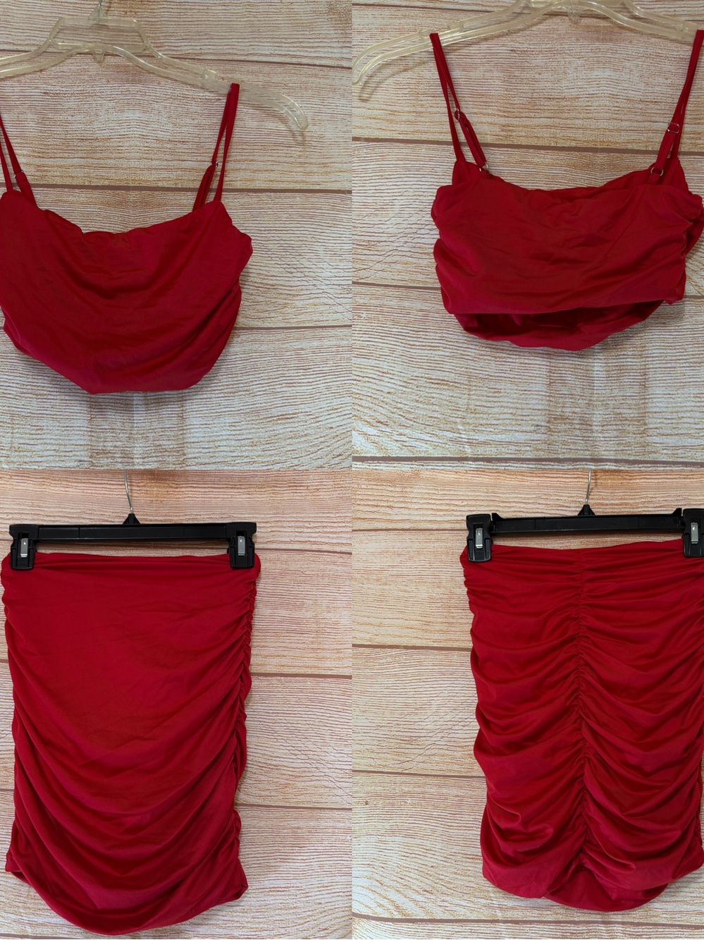 BEAGIMEG Women Red Short Ruched Cami Top & Bodycon Sexy Skirt Set Size XS